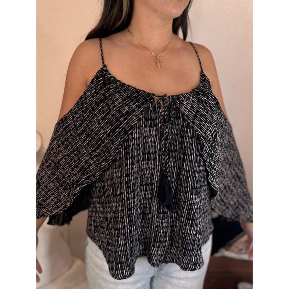 O'Neill Tops - O'Neill Jalen Cold Shoulder Top Black White Printed Tassel Cami Blouse M NWT‎